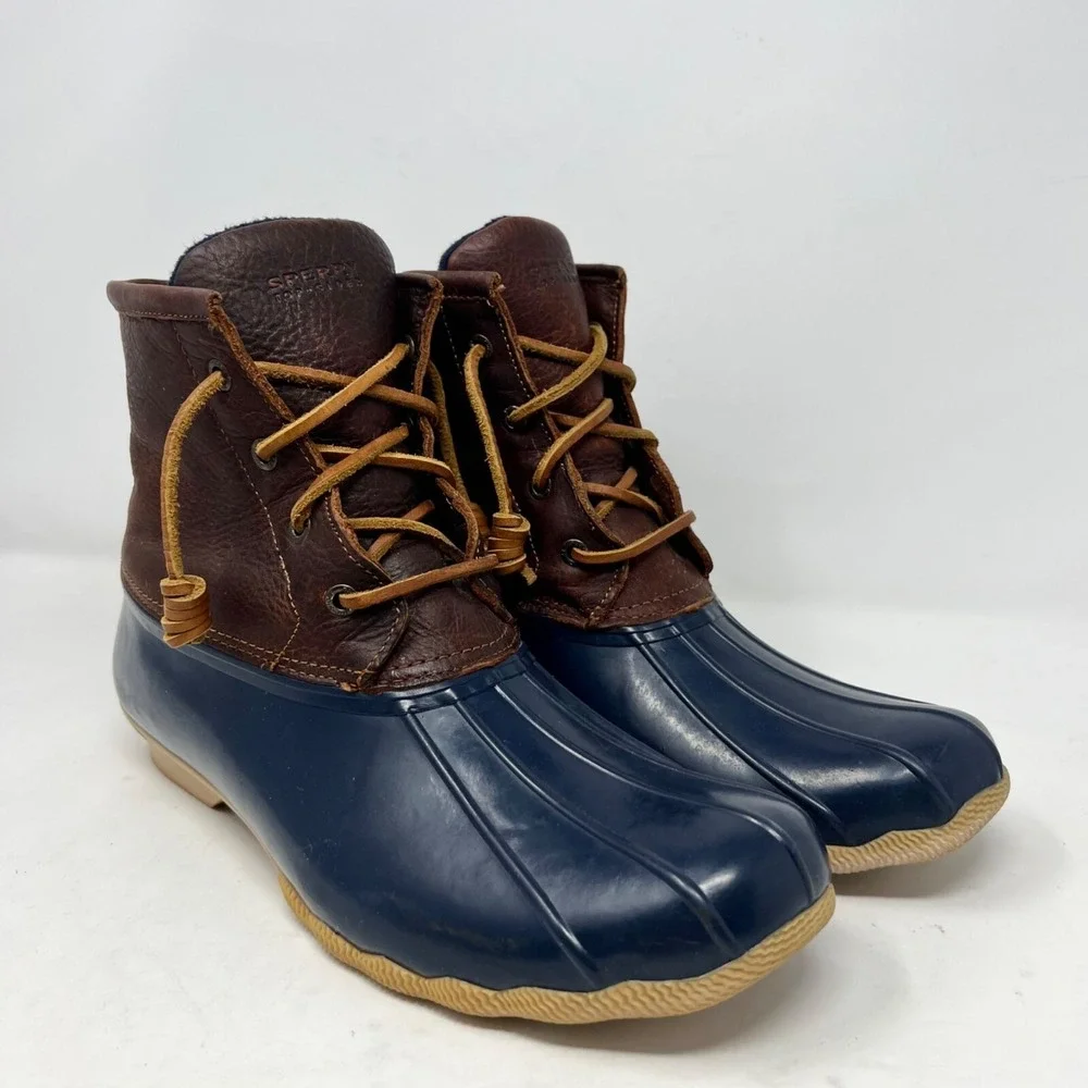 Sperry Womens Saltwater Duck Boots Waterproof Blue Brown‎ Leather STS91175 Sz12 - Picture 2 of 11